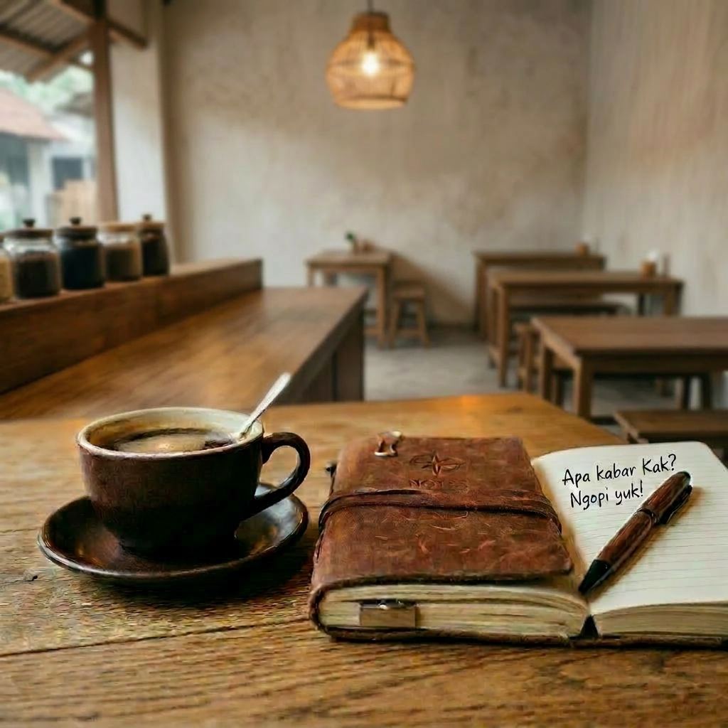 Steaming coffee cup with spoon beside a leather notebook and open journal with pen
